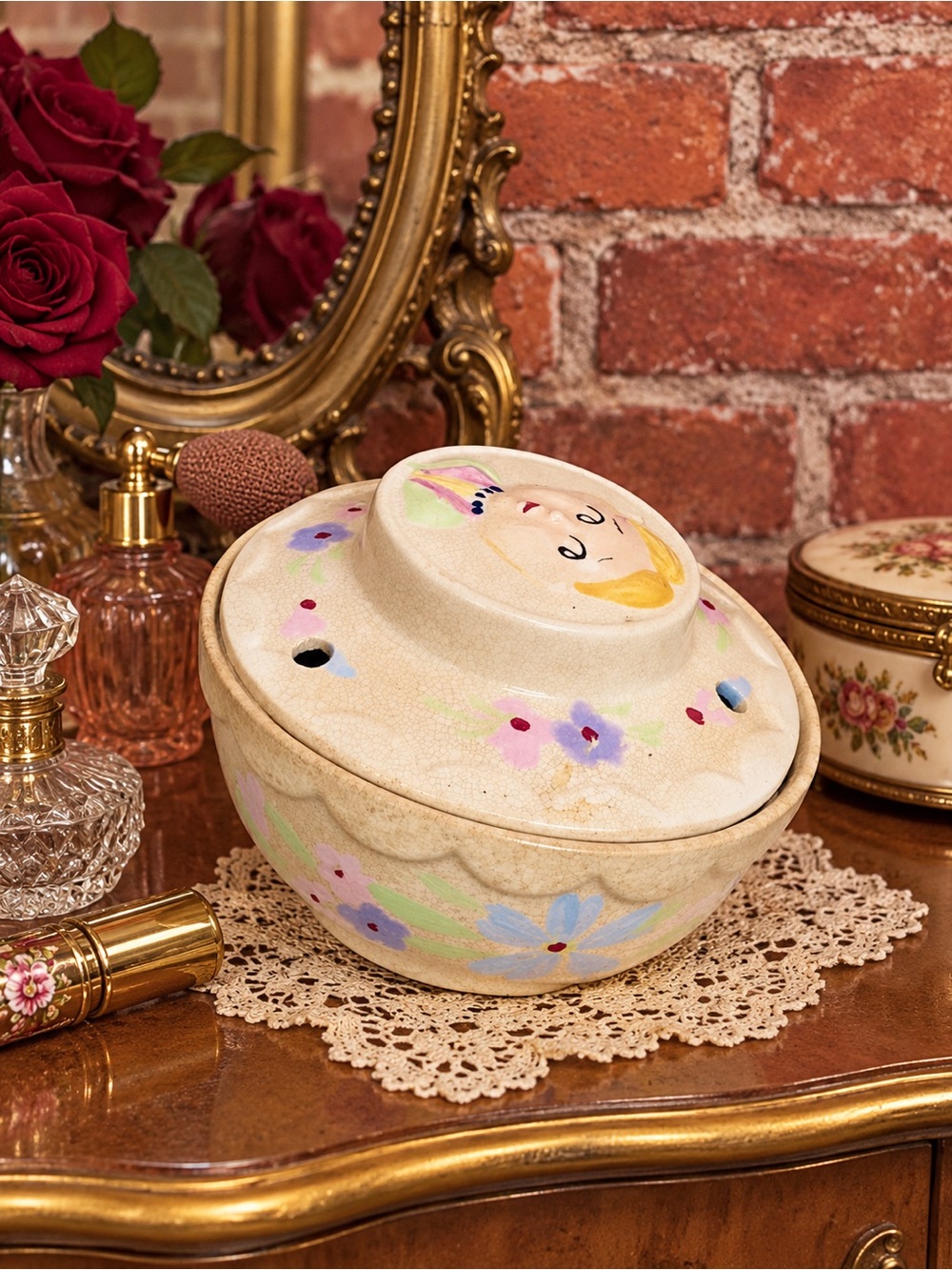 Vintage MCM Enesco Japan Hers Lidded Vanity Jar